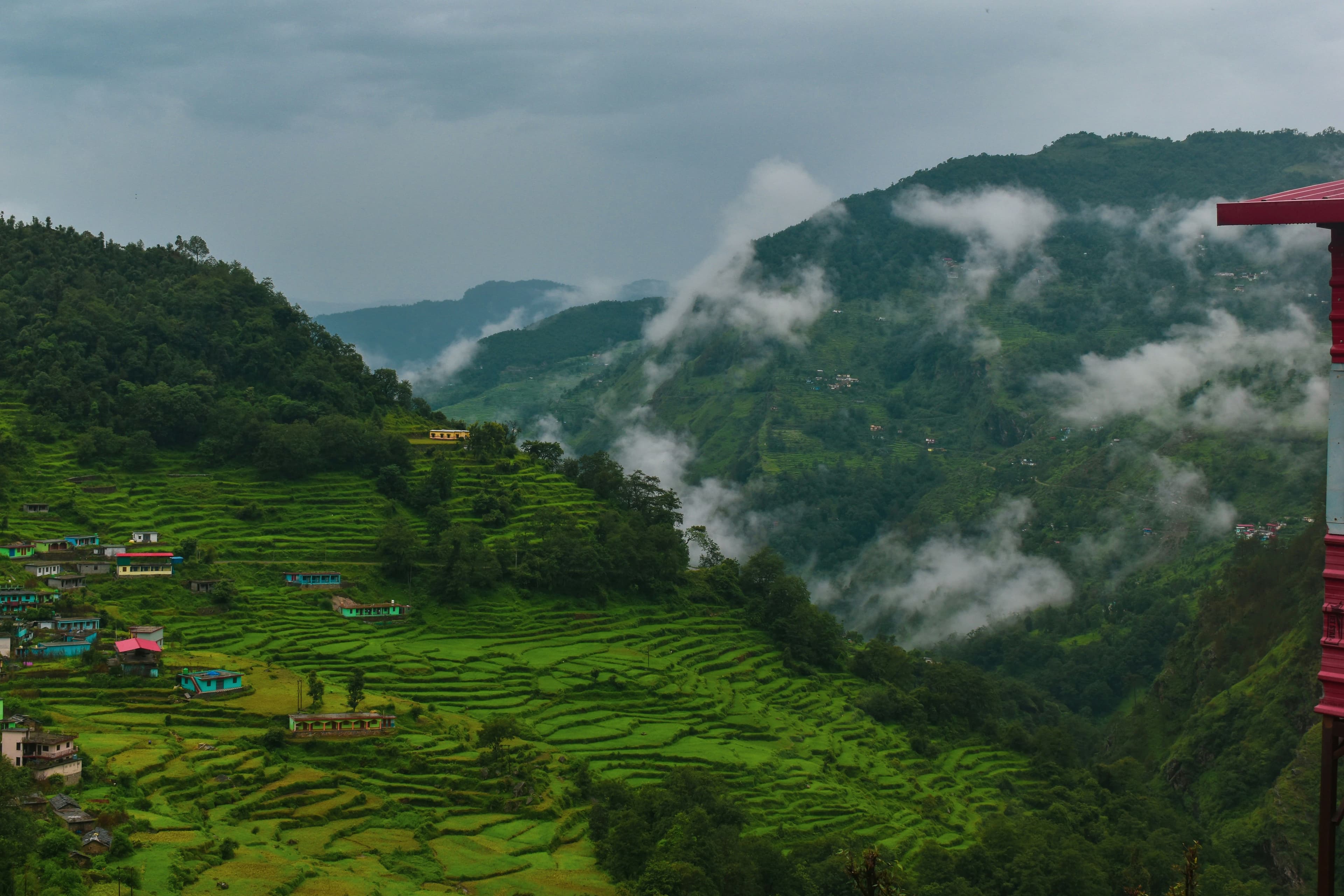 Beautiful Himalayan landscape with lush green hills, terraced fields, and misty mountains - Manodaya Homes homestay view